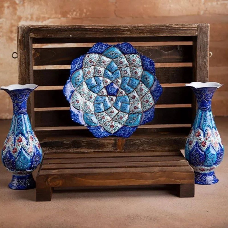 ست گلدان و بشقاب میناکاری